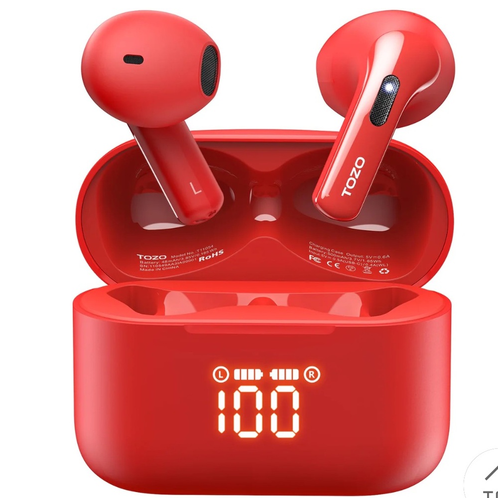 TOZO Red Wireless Tonal Fits Earbuds with Charging Case